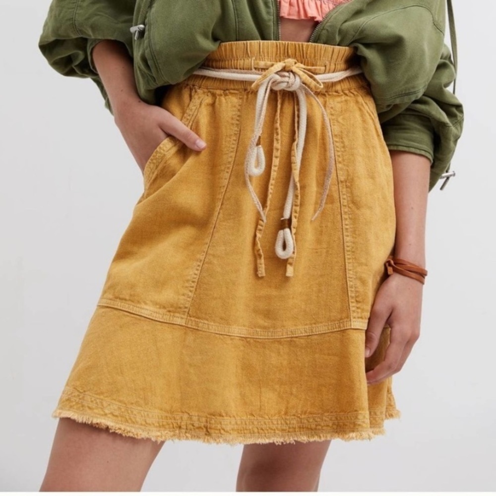 Casual Mustard Drawstring A-Line Skirt